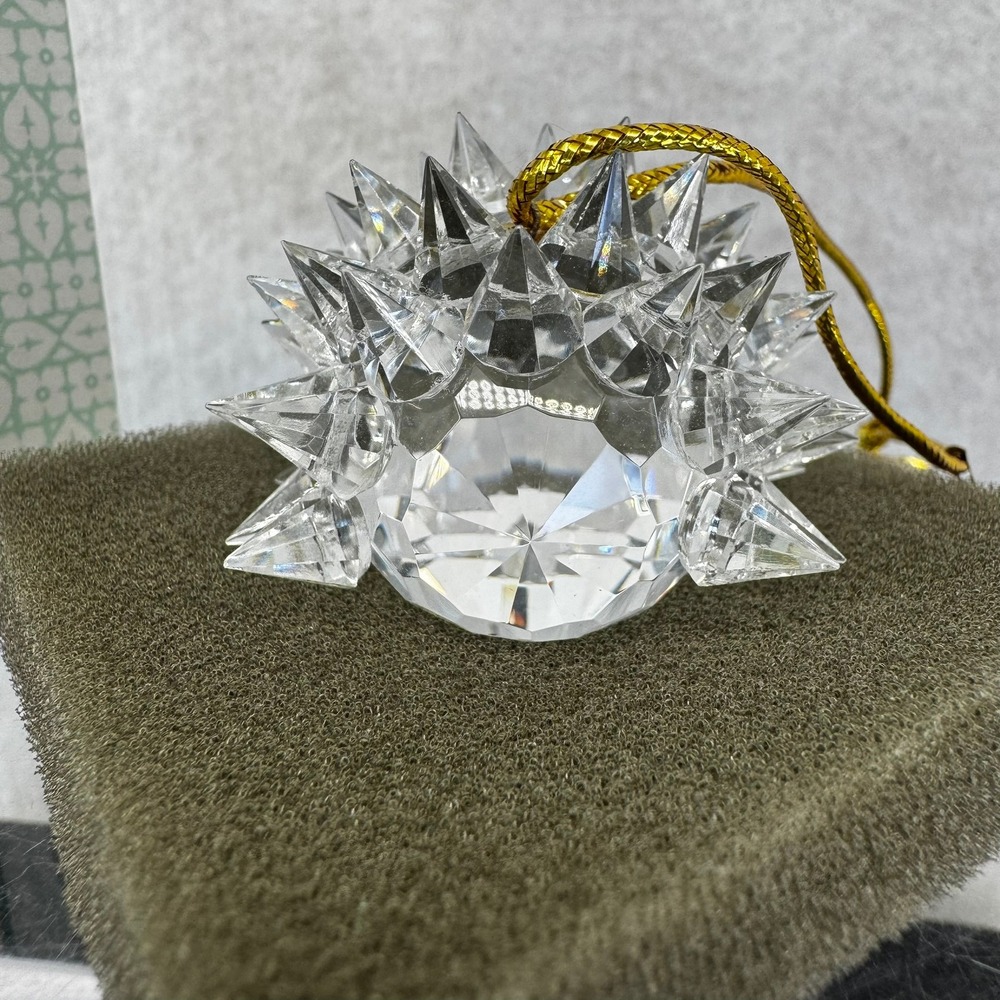 Vtg Cut Crystal Hedgehog Ornament Christmas Holiday Figurine Gold Cord Box - Picture 4 of 11